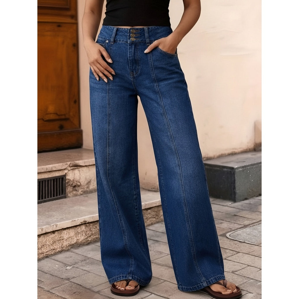 US Ready Stock Women High Waist Wide Leg Jeans Triple Button Denim Pants Front Seam Loose Fit Jeans Wholesale