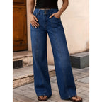 US Ready Stock Women High Waist Wide Leg Jeans Triple Button Denim Pants Front Seam Loose Fit Jeans Wholesale