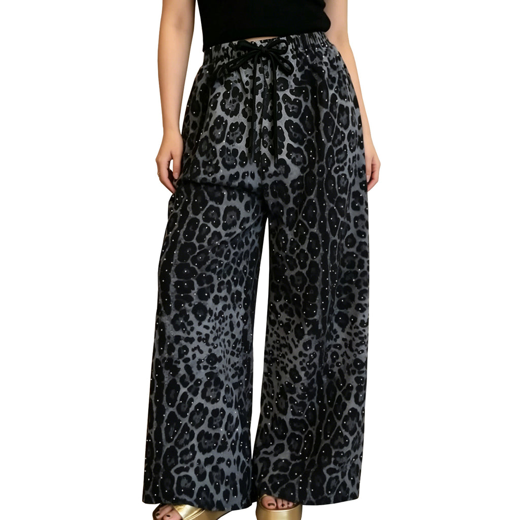 C7768 Cross-border 2026 New Women's Fashion Rhinestone Drawstring Loose Wide-Leg Pants Vintage Animal Print Casual Trousers