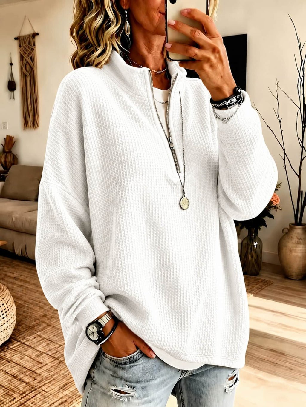 Womens Zip-up Half-neck Waffle-knit Hoodie Loose-fit Top