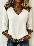 Womens Long-Sleeved Leopard-Print Patchwork V-Neck Knit Sweater