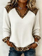 Womens Long-Sleeved Leopard-Print Patchwork V-Neck Knit Sweater