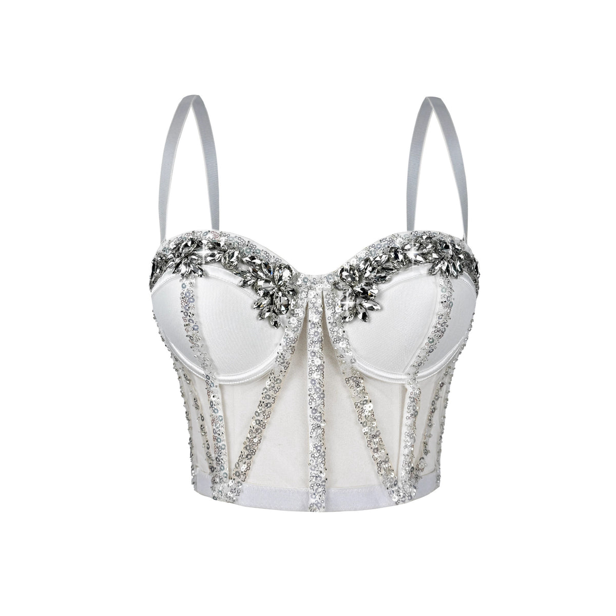 Cross-Border Rhinestone Mesh Fishbone Bra Semi-Transparent Sexy Slimming Suspender Tube Top Slimming Diamond Fishbone Top Stage