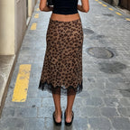 Low-rise Figure-flattering Mid-length Skirt With Lace Paneling And Leopard Print