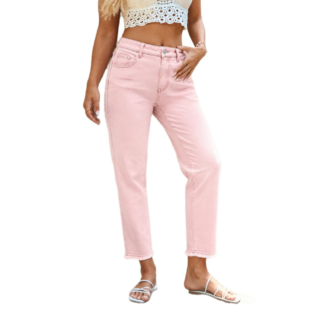High-elastic Raw-edge Slim-fit Cropped Straight-leg Denim Pants