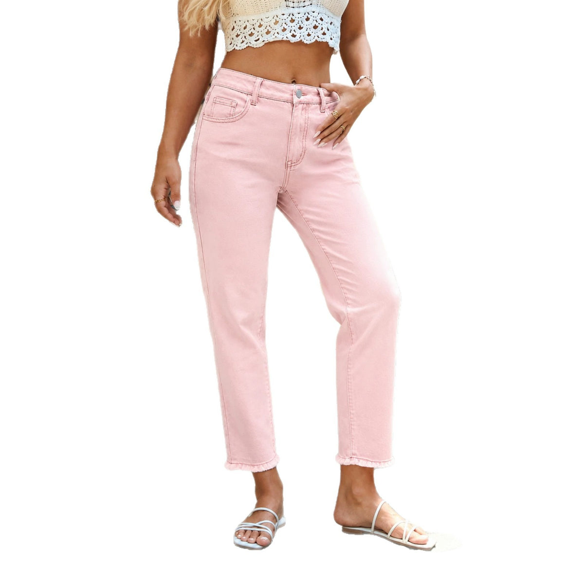High-elastic Raw-edge Slim-fit Cropped Straight-leg Denim Pants