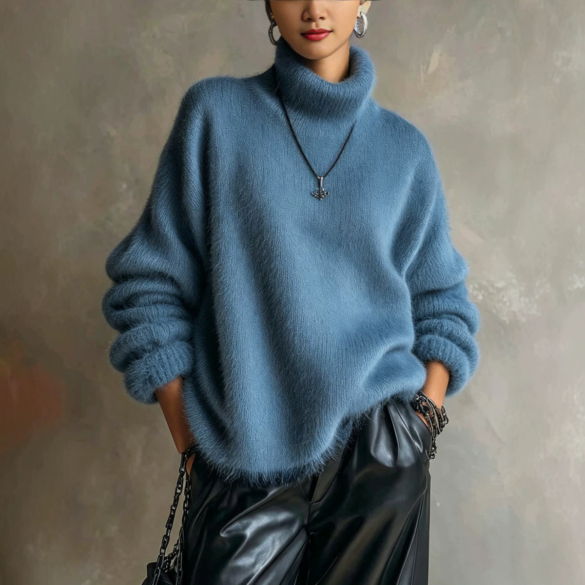 Womens Solid-color Loose-fitting Turtleneck Sweater In Soft Plush Knit