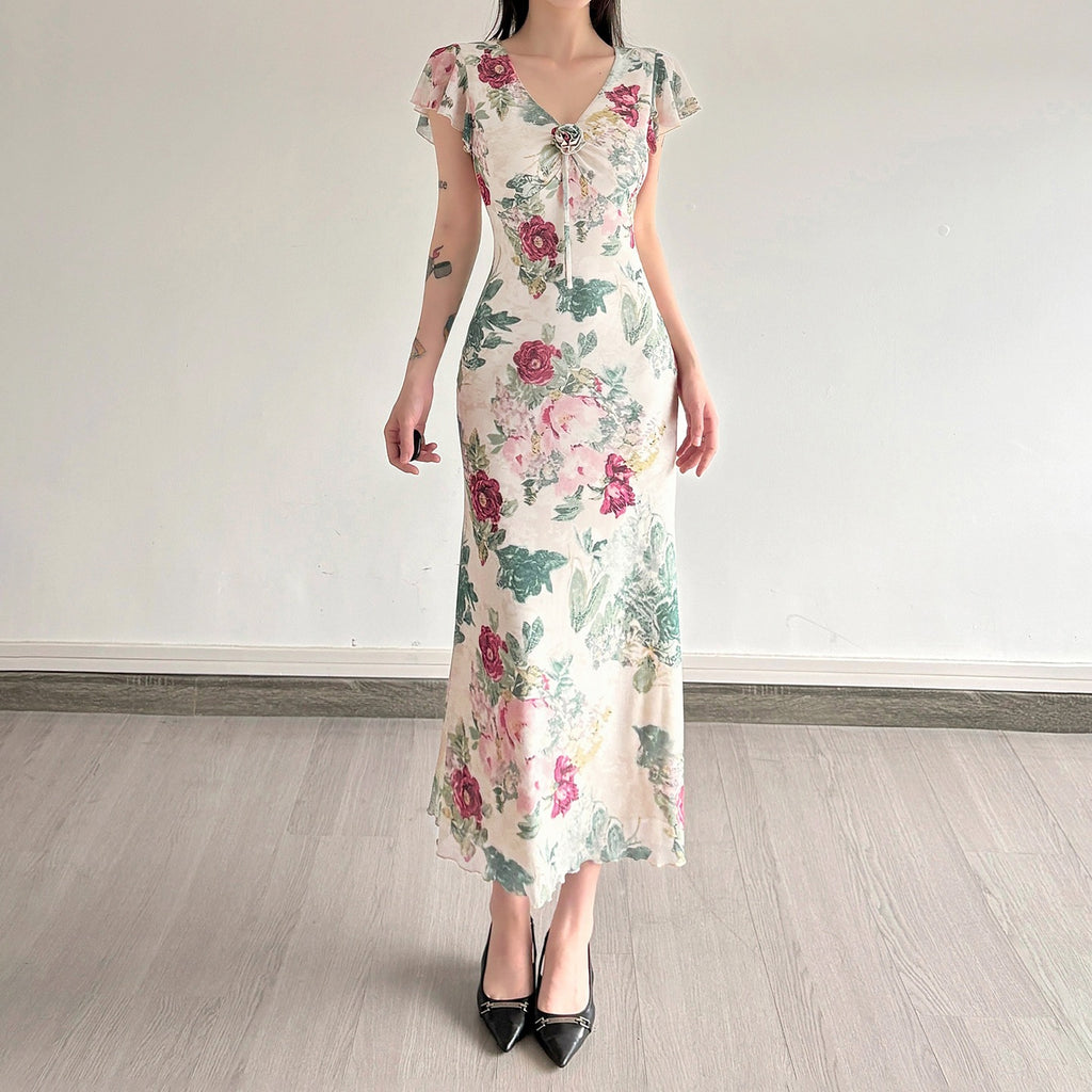 Floral Ruffled V-Neck Mesh Dress Resort