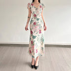 Floral Ruffled V-Neck Mesh Dress Resort