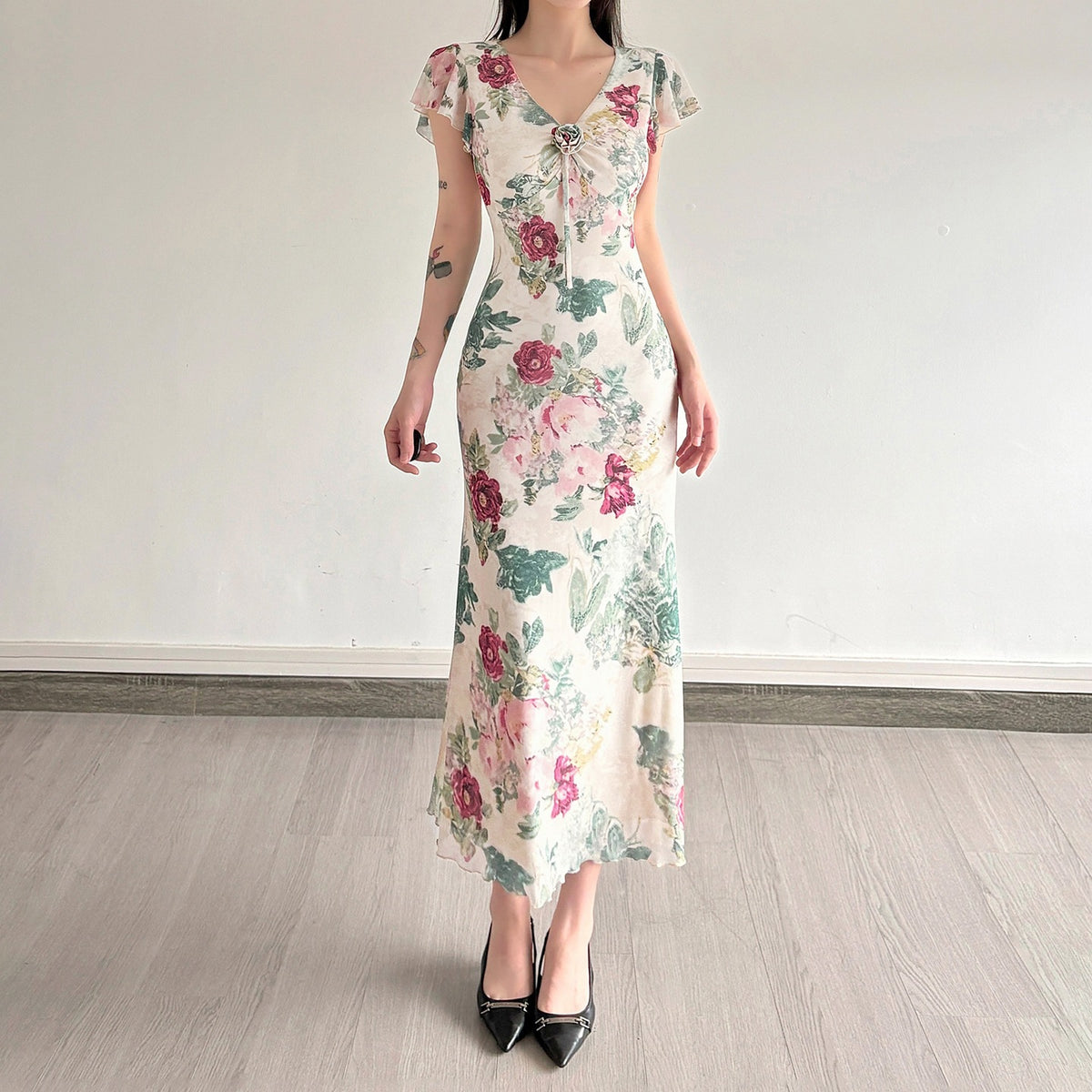 Floral Ruffled V-Neck Mesh Dress Resort