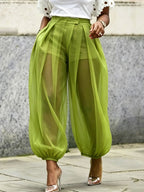 2026 European And American Cross-Border Summer New Style Semi-Transparent Mesh Solid Color Patchwork Loose Semi-Transparent Lantern Pants