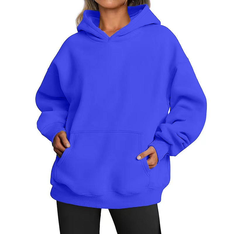 Women's Solid-color Long-sleeved Loose-fitting Hooded Sweatshirt With Pocket