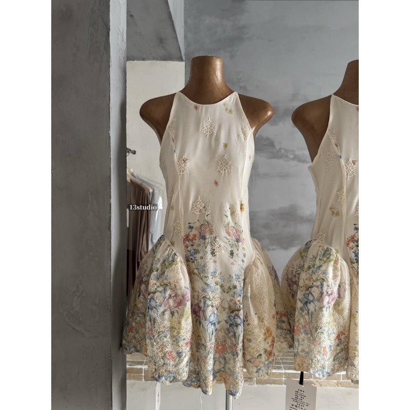 Printed Vacation-style Waist-cinching Halterneck Dress