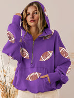 Women Half Zip Hoodie, Glitter Football Print Oversized Hooded Sweatshirt With Kangaroo Pocket