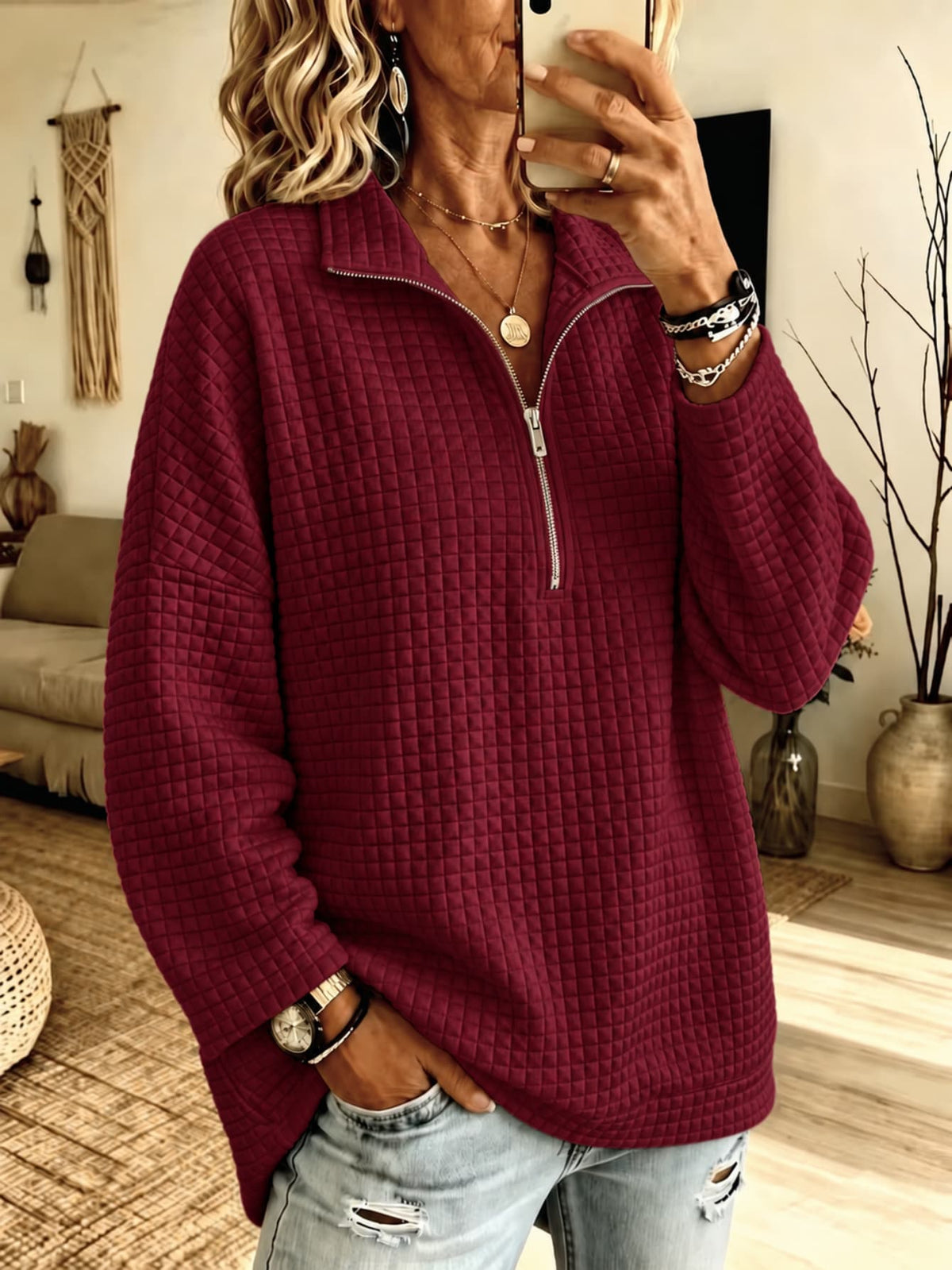 Waffle Zipper Long Sleeved Shirt