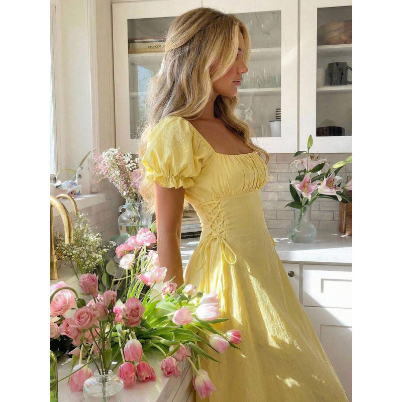Womens Solid-color Puff-sleeve Waist-cinching Slimming Dress With Tie Detail