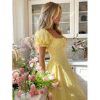 Womens Solid-color Puff-sleeve Waist-cinching Slimming Dress With Tie Detail