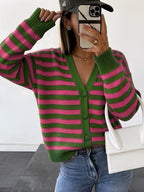 Womens Fashionable Contrasting-Color Striped Knitted V-Neck Coat