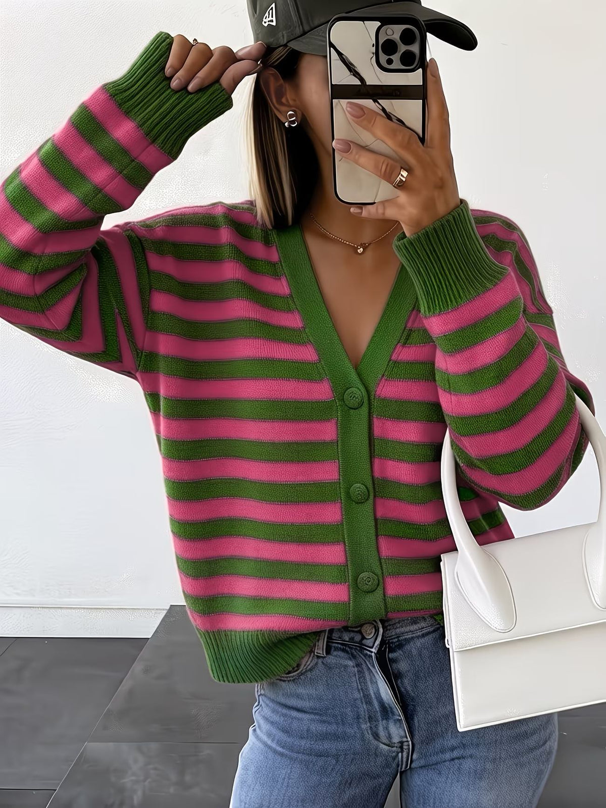 Womens Fashionable Contrasting-Color Striped Knitted V-Neck Coat