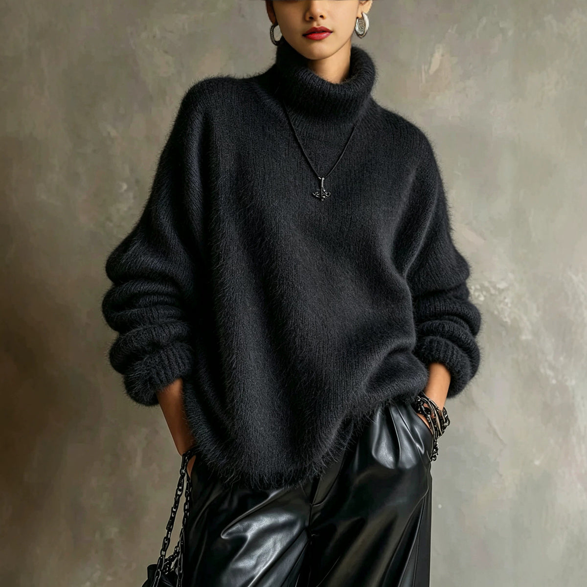 Womens Solid-color Loose-fitting Turtleneck Sweater In Soft Plush Knit