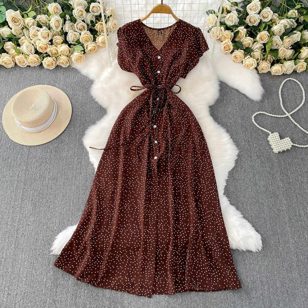 Womens Solid-Color Polka-Dot V-Neck Short-Sleeve Dress