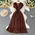 Womens Solid-Color Polka-Dot V-Neck Short-Sleeve Dress
