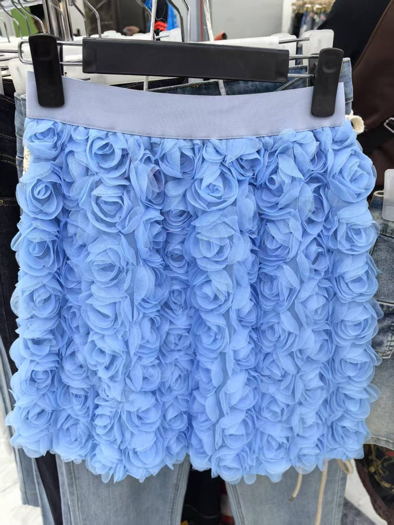 White High-waisted Three-dimensional Rose-decorated Feminine Skirt