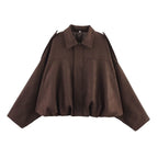 Autumn And Winter European And American Bomber Jacket Bat Sleeve Zipper Loose Suede Texture Tops Women's Casual Tops Women