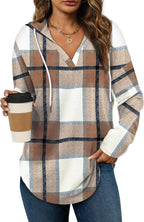 Vintage Plaid V-Neck Hooded Long-Sleeved Shirt For Women Casual Drawstring Plaid Top