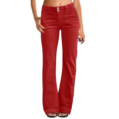Women's Multi Pocket Stretch Elastic Waist Twill Cotton Pants High Waisted, Comfortable Form Fitting Formal Casual Wide Leg Pants
