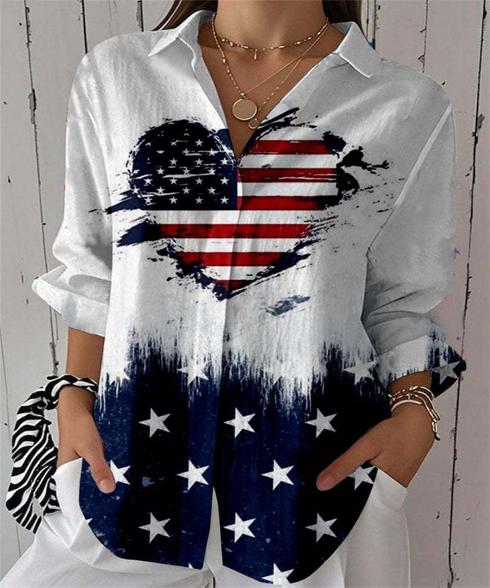 Women's Lapel Shirt With American Vintage Stars And Stripes Print, Single-breasted Casual Loose Short-sleeve Top