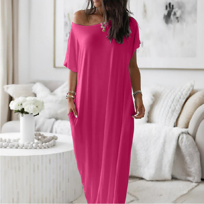 Trendy New Summer Women's Solid Color Short Sleeve Long Casual Dress