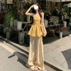 Yellow Halter-top And Waist-cinching Wide-leg Pants Summer Two-piece Set