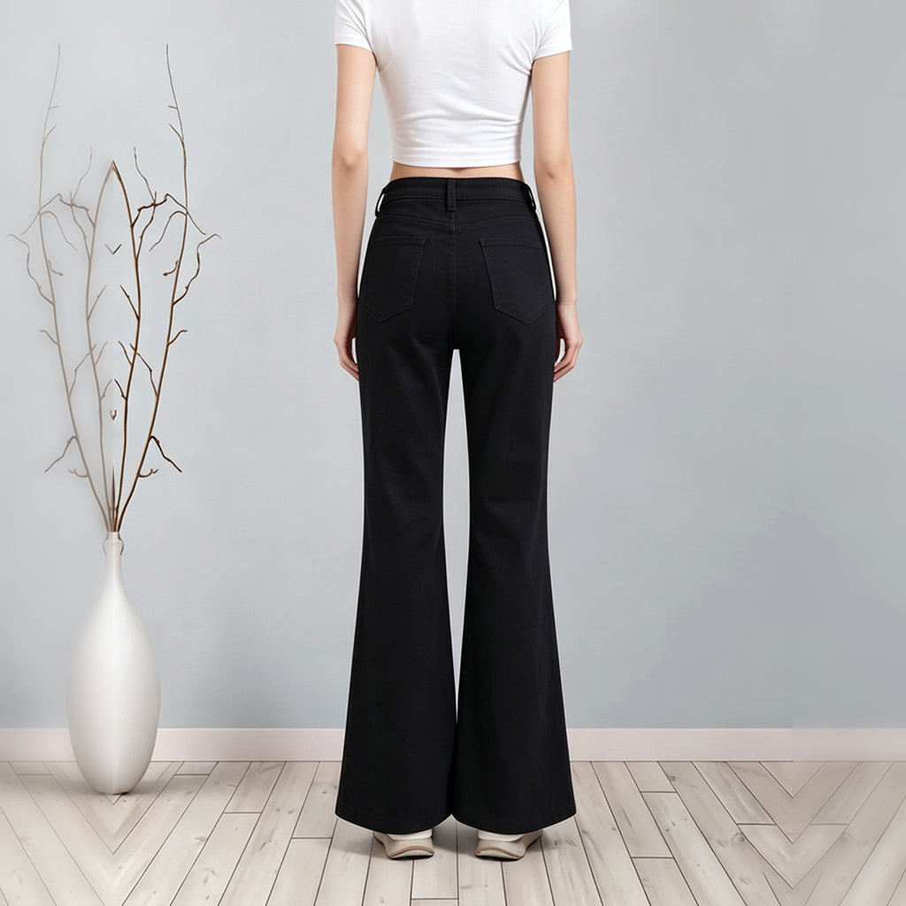 Winter Warm Fleece Lined Bootcut Denim Pants, Women High Waist Solid Black Flare Jeans