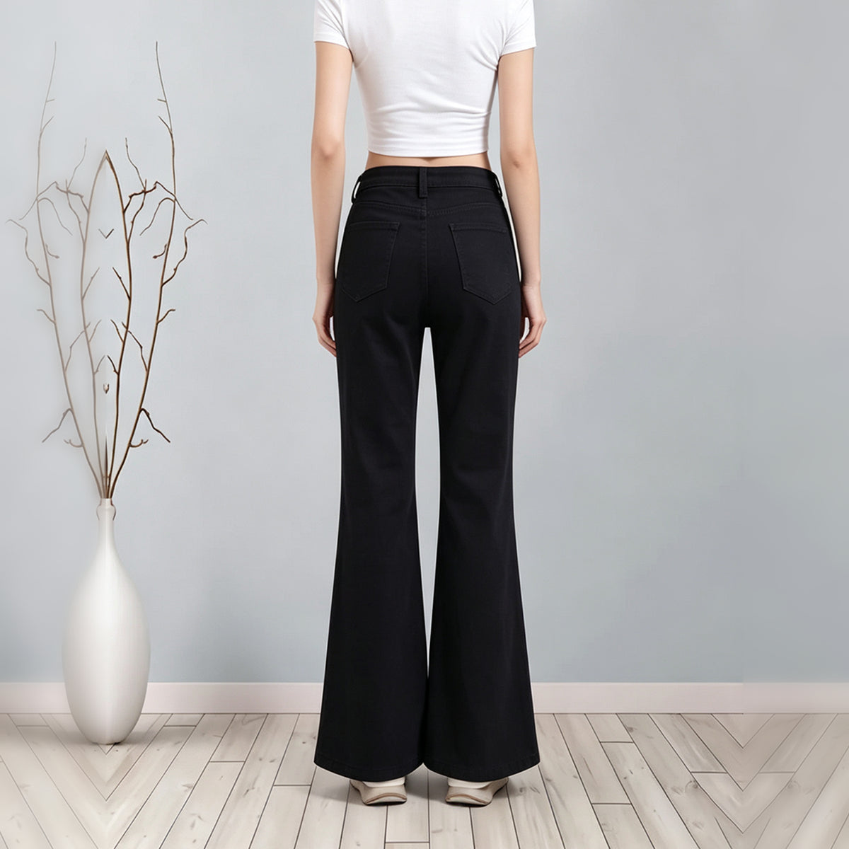 Winter Warm Fleece Lined Bootcut Denim Pants, Women High Waist Solid Black Flare Jeans
