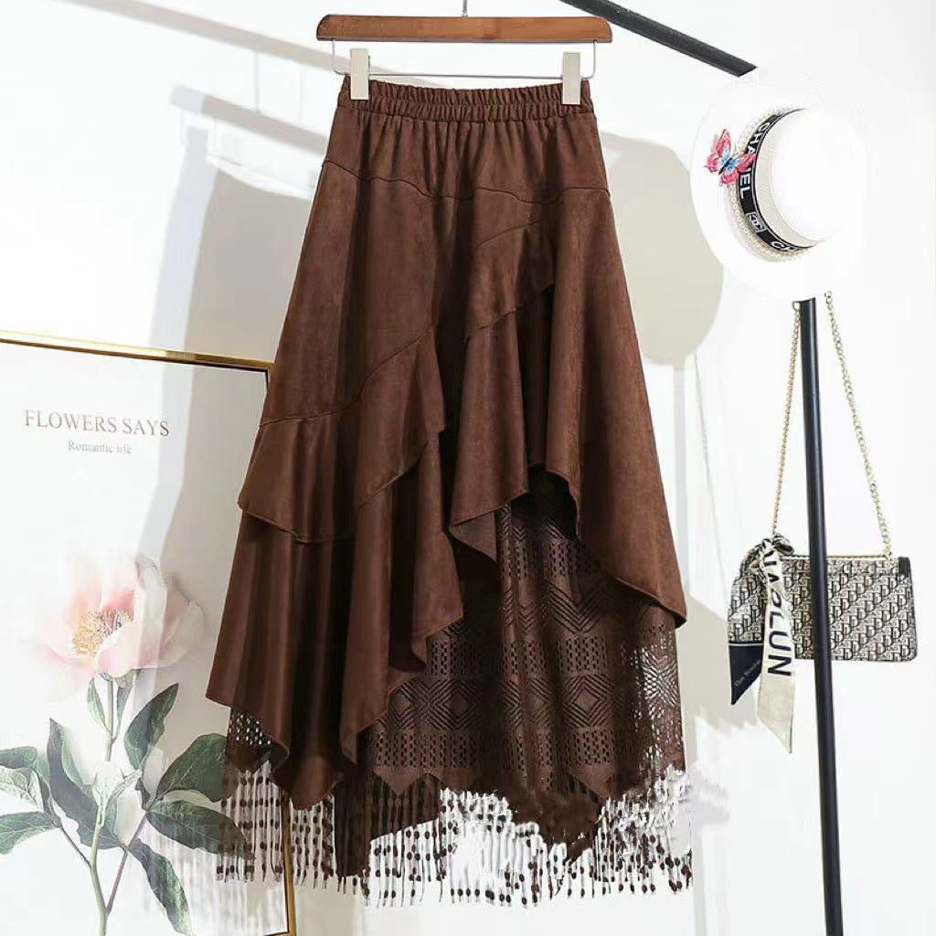 New AutumnWinter Irregular Ruffled Hem Vintage Suede And Lace Patchwork Womens Skirt