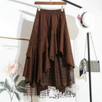 New AutumnWinter Irregular Ruffled Hem Vintage Suede And Lace Patchwork Womens Skirt