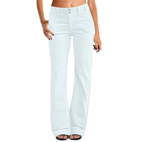 Women's Multi Pocket Stretch Elastic Waist Twill Cotton Pants High Waisted, Comfortable Form Fitting Formal Casual Wide Leg Pants