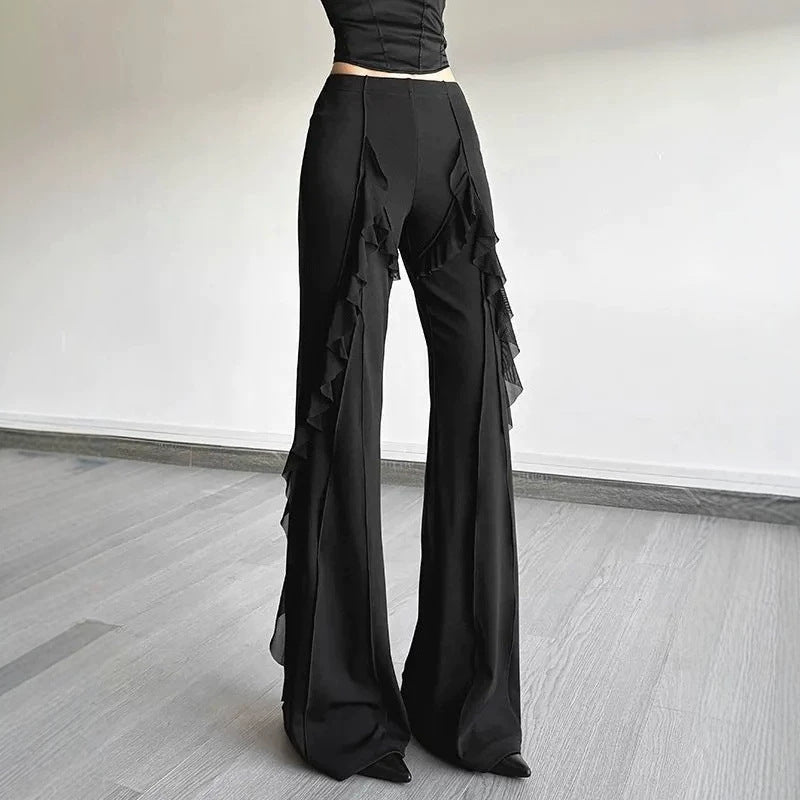 Versatile Solid-color High-waisted Flared Trousers With Flowing Lines Delicate Lace Detailing