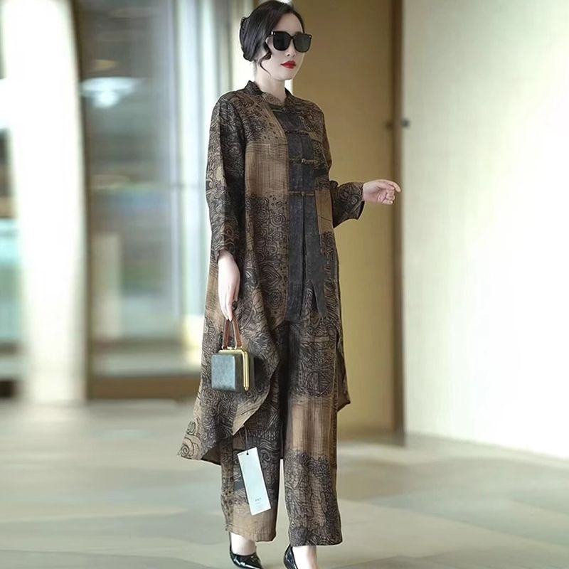 Retro Asymmetrical Top And Wide-leg Pants Two-piece Set