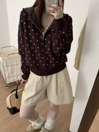 Korean-style Color-blocked Polka-dot Fine-gauge Knit Hooded Short Top, Double-zip Loose Slimming Cardigan Sweater Coat For Women