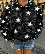 Women Heart Star Print Oversized Hoodie, Long Sleeve Casual Pullover Sweatshirt