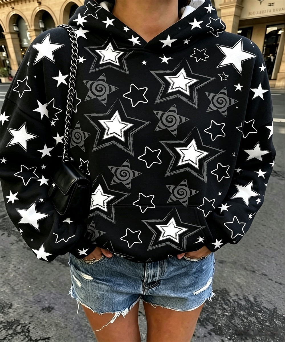 Women Heart Star Print Oversized Hoodie, Long Sleeve Casual Pullover Sweatshirt