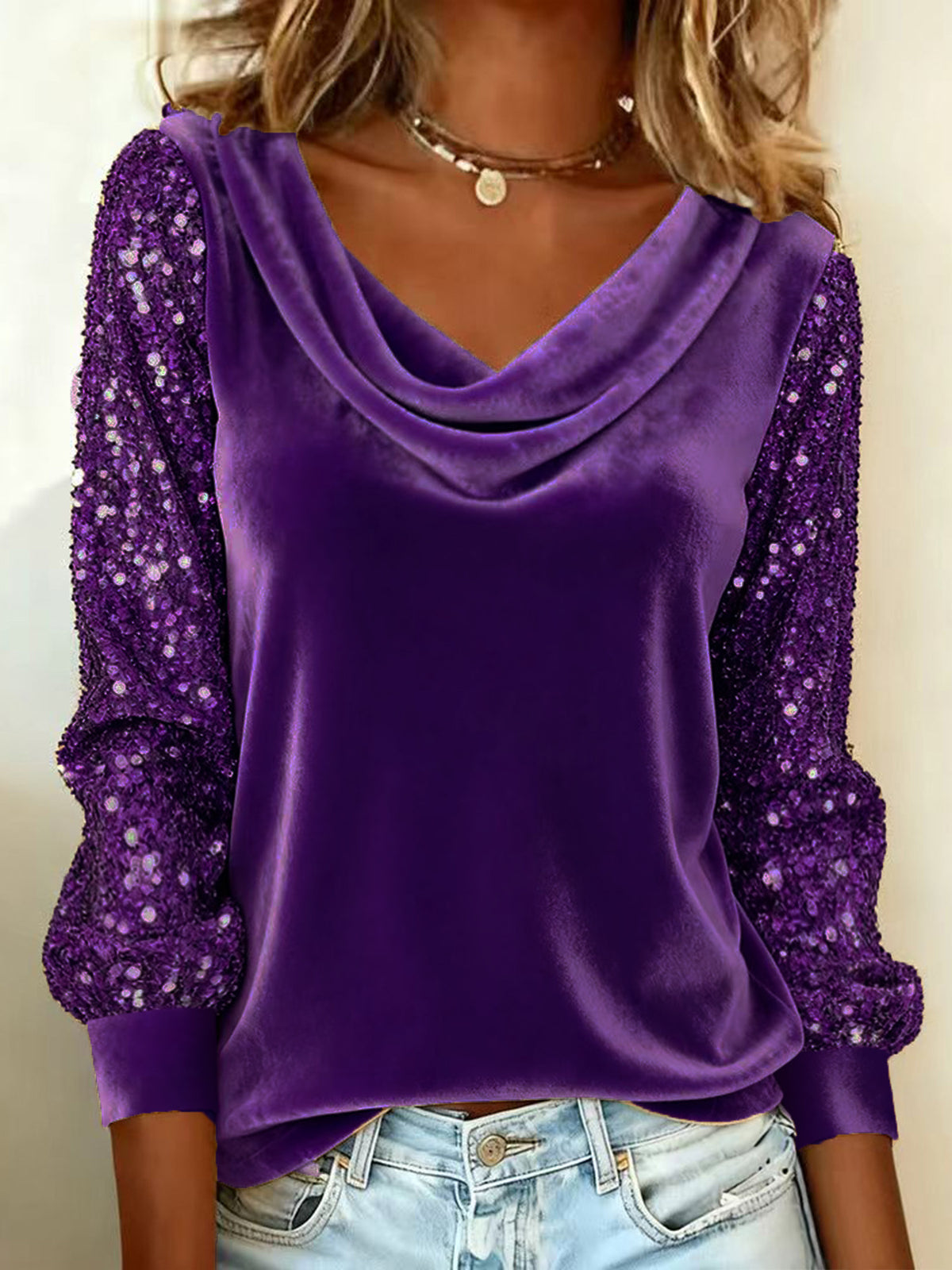 New European And American Cross-Border Fashion Women's Velvet Stacked Collar Sequin Patchwork Long-Sleeve T-Shirt Top