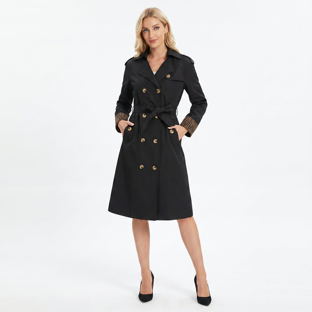 New Women's Trench Coat With Leopard Print Decoration, European And American Style, Long-Sleeve, European Size, Fashion Double-Breasted With Belt 2602