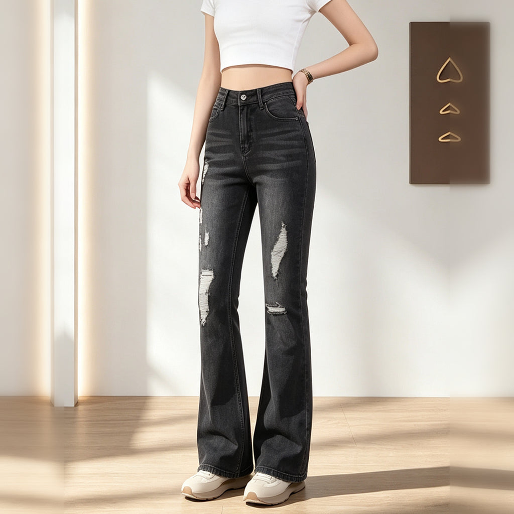 High Waist Distressed Flare Jeans For Women, Faded Black Ripped Stretch Denim Bell Bottom Trousers