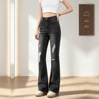 High Waist Distressed Flare Jeans For Women, Faded Black Ripped Stretch Denim Bell Bottom Trousers