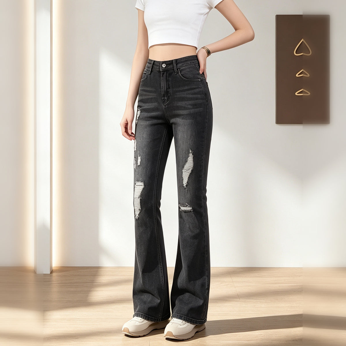 High Waist Distressed Flare Jeans For Women, Faded Black Ripped Stretch Denim Bell Bottom Trousers