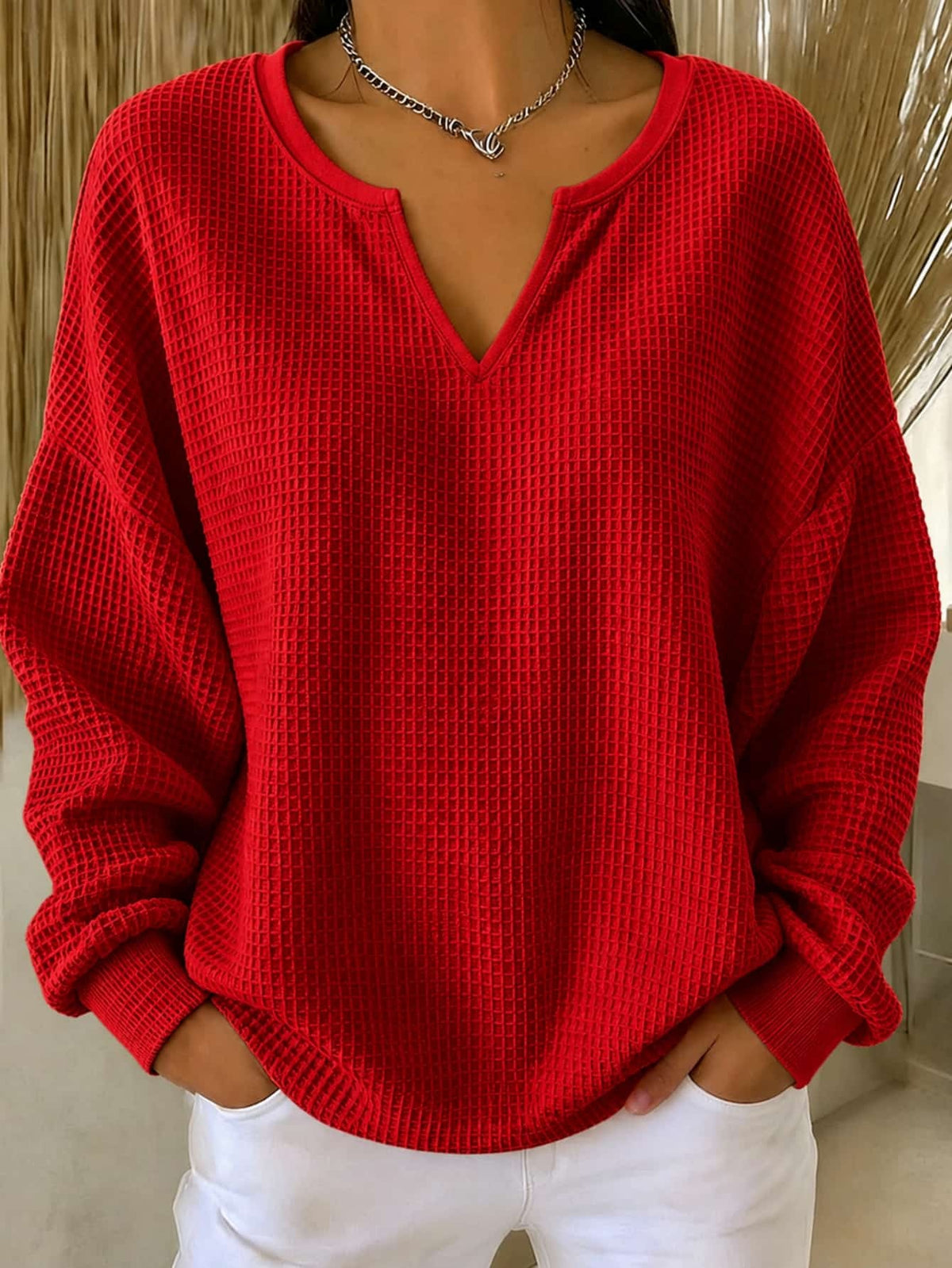 Women's Casual Loose-fit Waffle-knit Long-sleeve T-shirt
