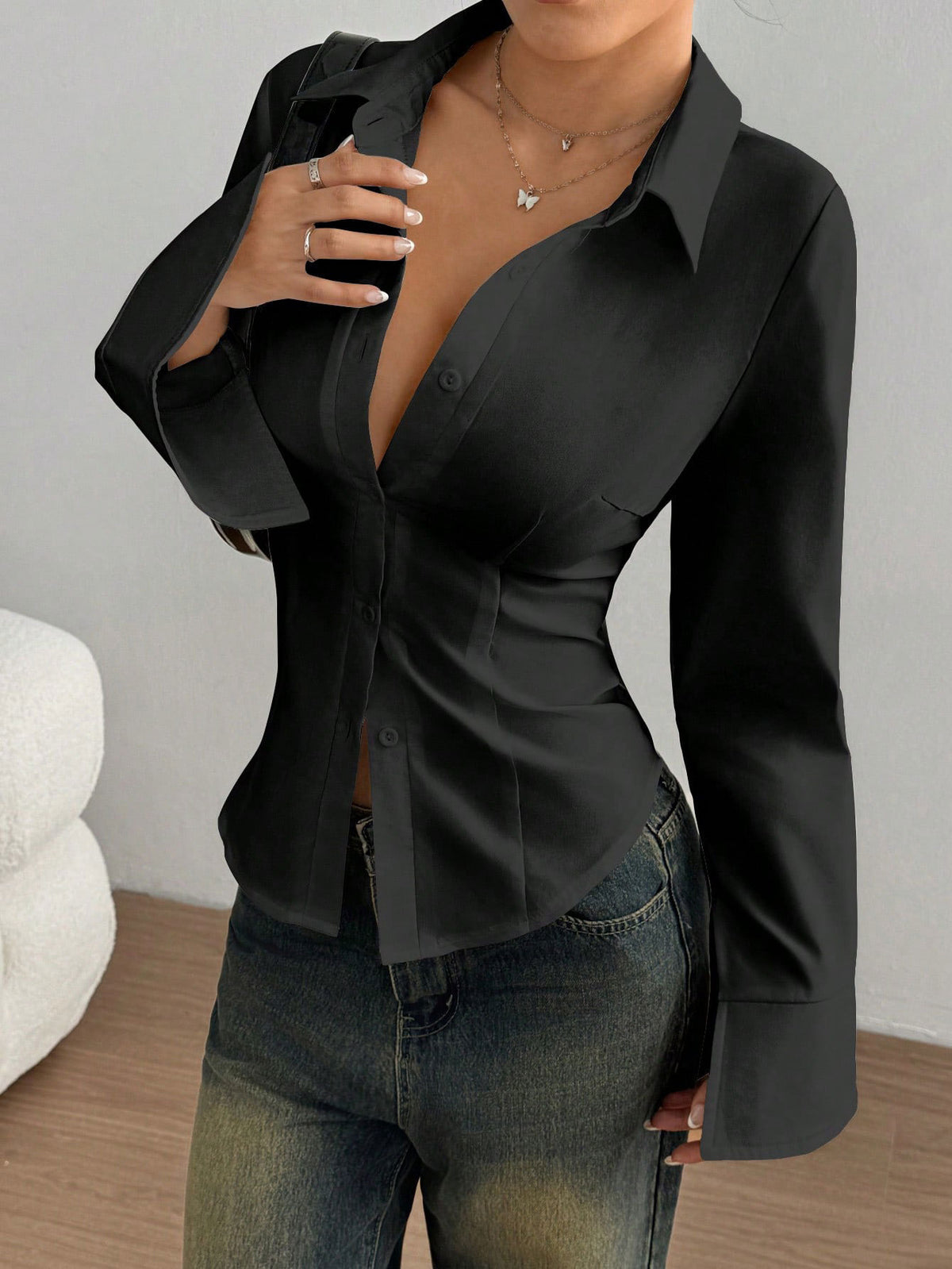 European And American Cross-Border Aliexpress Women's Fashion Slim Long-Sleeved Solid Color Shirt